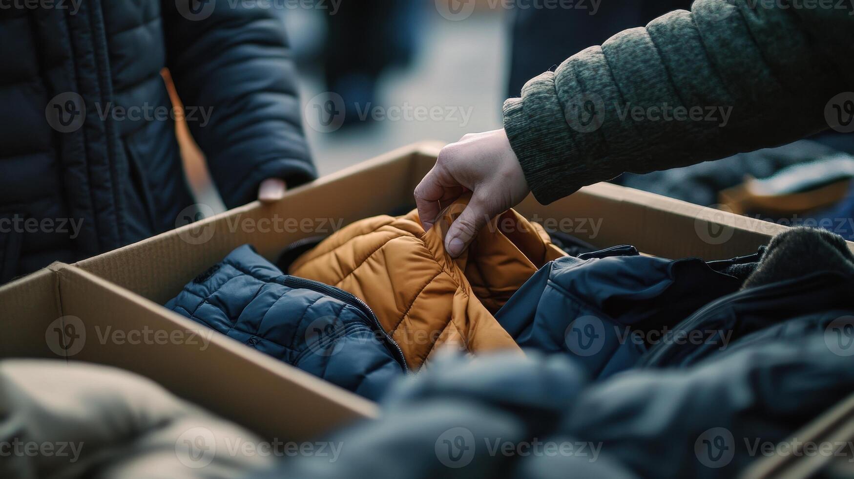 A person selecting a jacket from a box of clothing at a market. photo