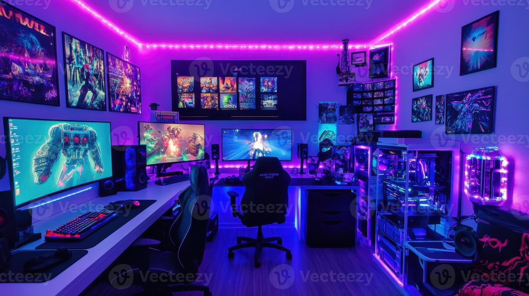 A vibrant gaming setup featuring multiple monitors, LED lights, and gaming accessories. photo