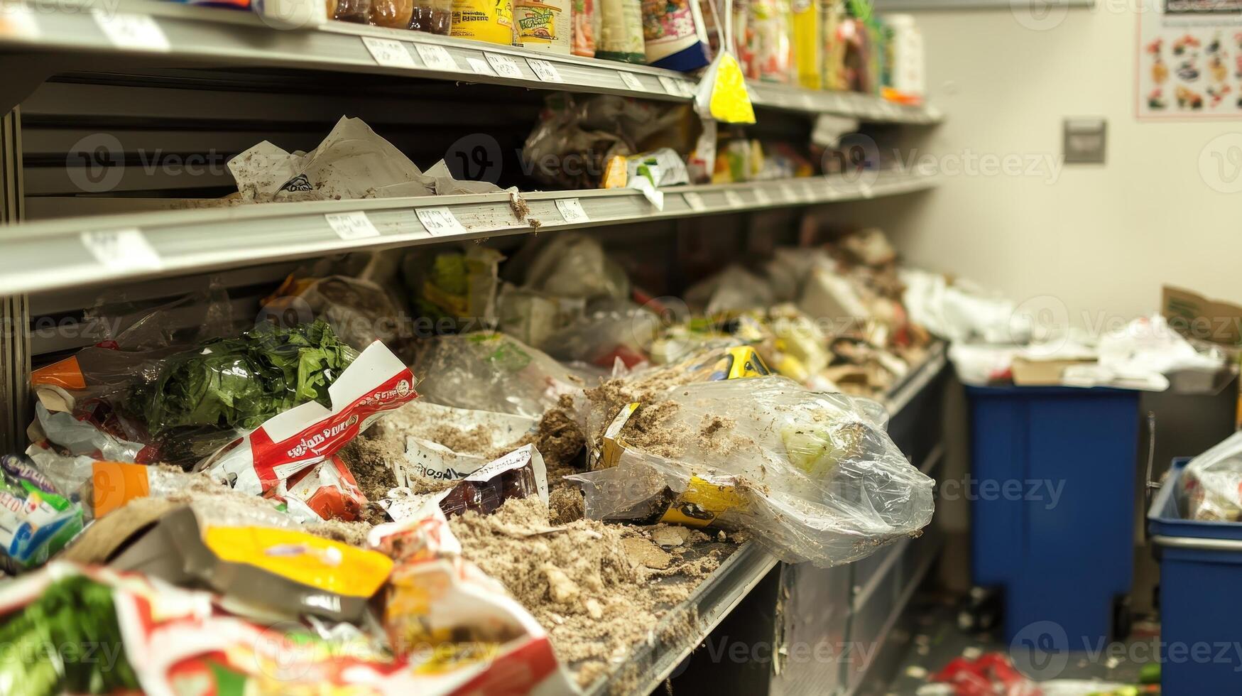 A cluttered shelf in a store filled with disorganized food items and waste. photo