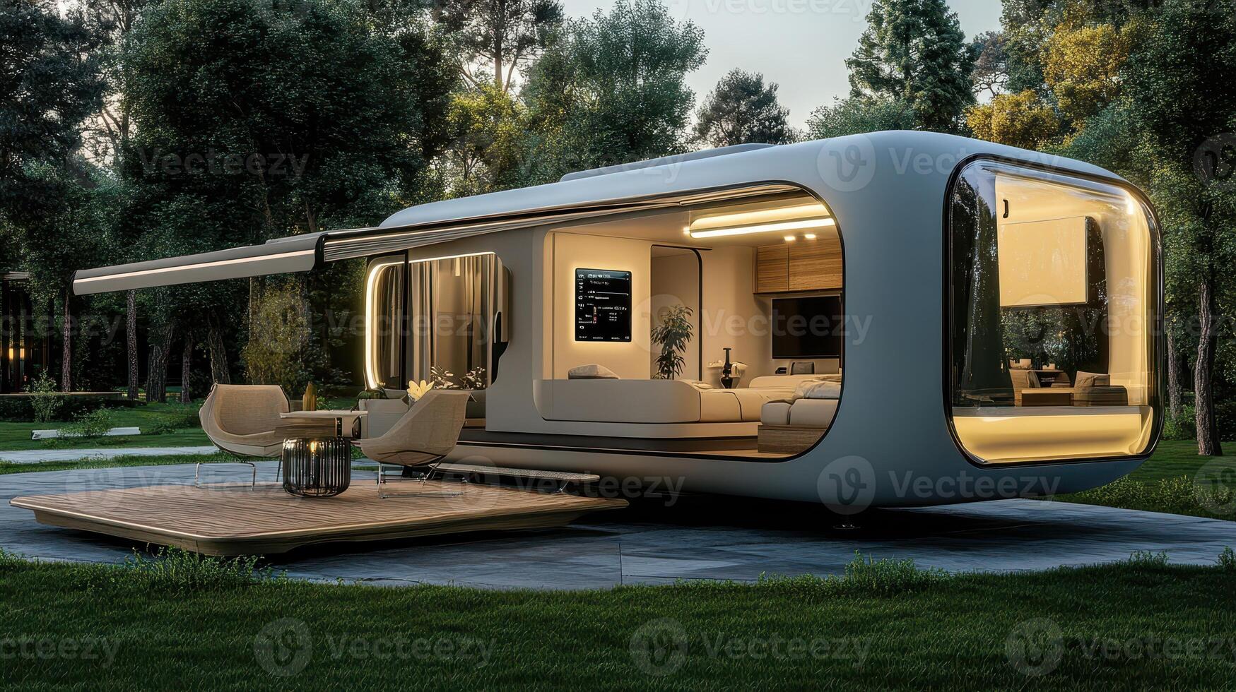 Modern, sleek mobile home with large windows and outdoor seating in a natural setting. photo