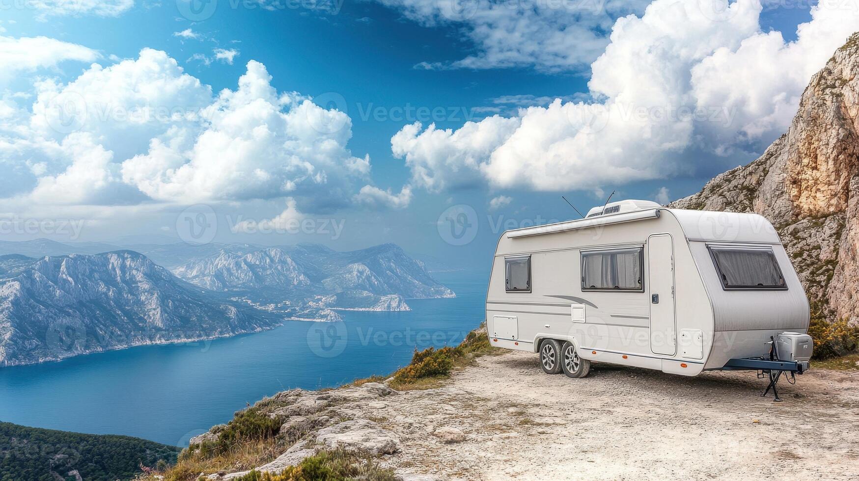 A caravan parked on a scenic cliff overlooking a tranquil lake and mountains. photo