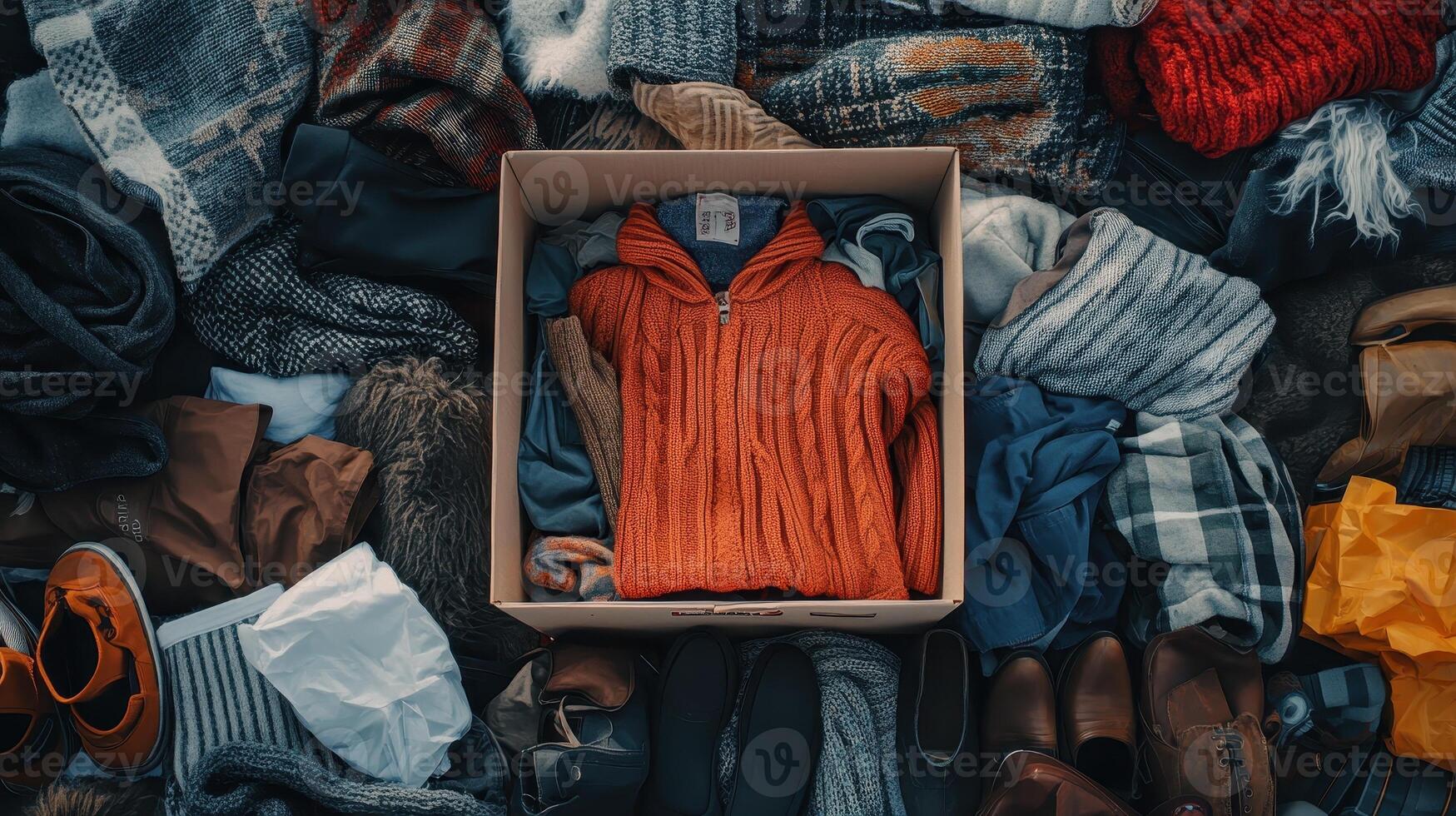 A vibrant orange sweater nestled in a box surrounded by assorted clothing items. photo