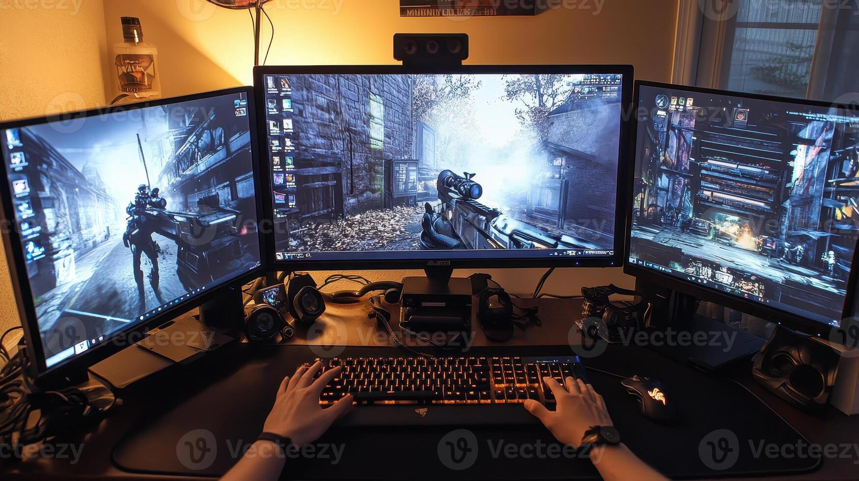 A gaming setup with three monitors displaying futuristic scenes and a keyboard in use. photo