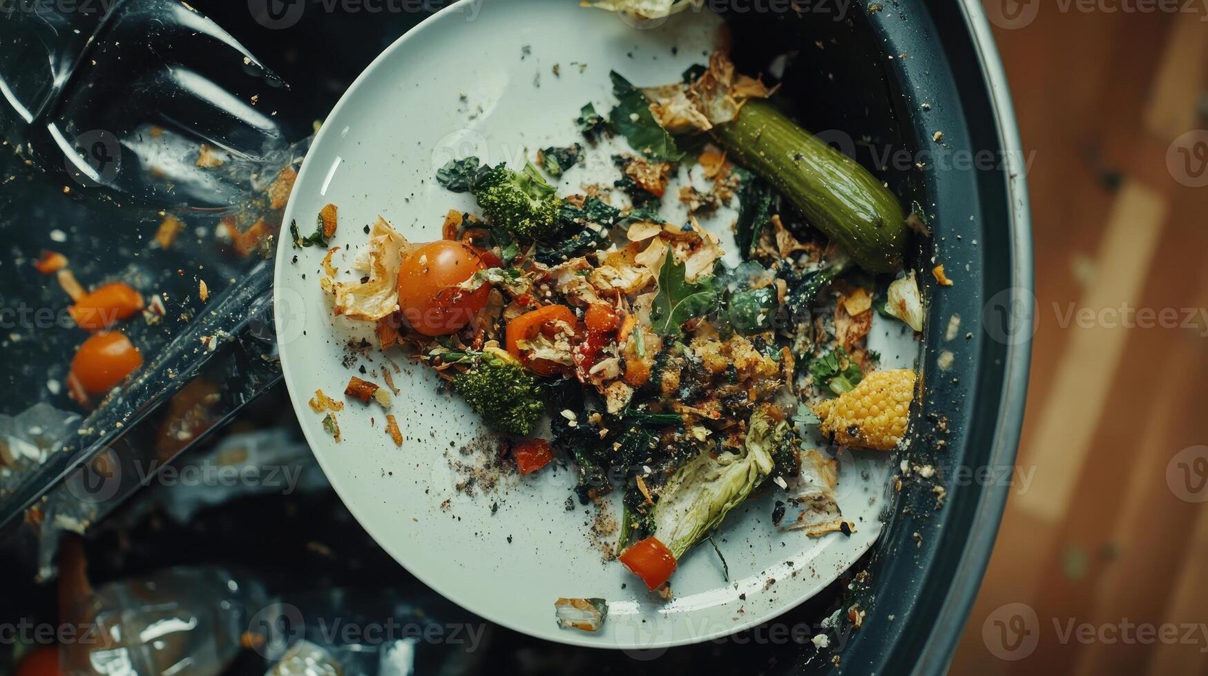 A plate with leftover food scraps in a trash bin, highlighting food waste issues. photo