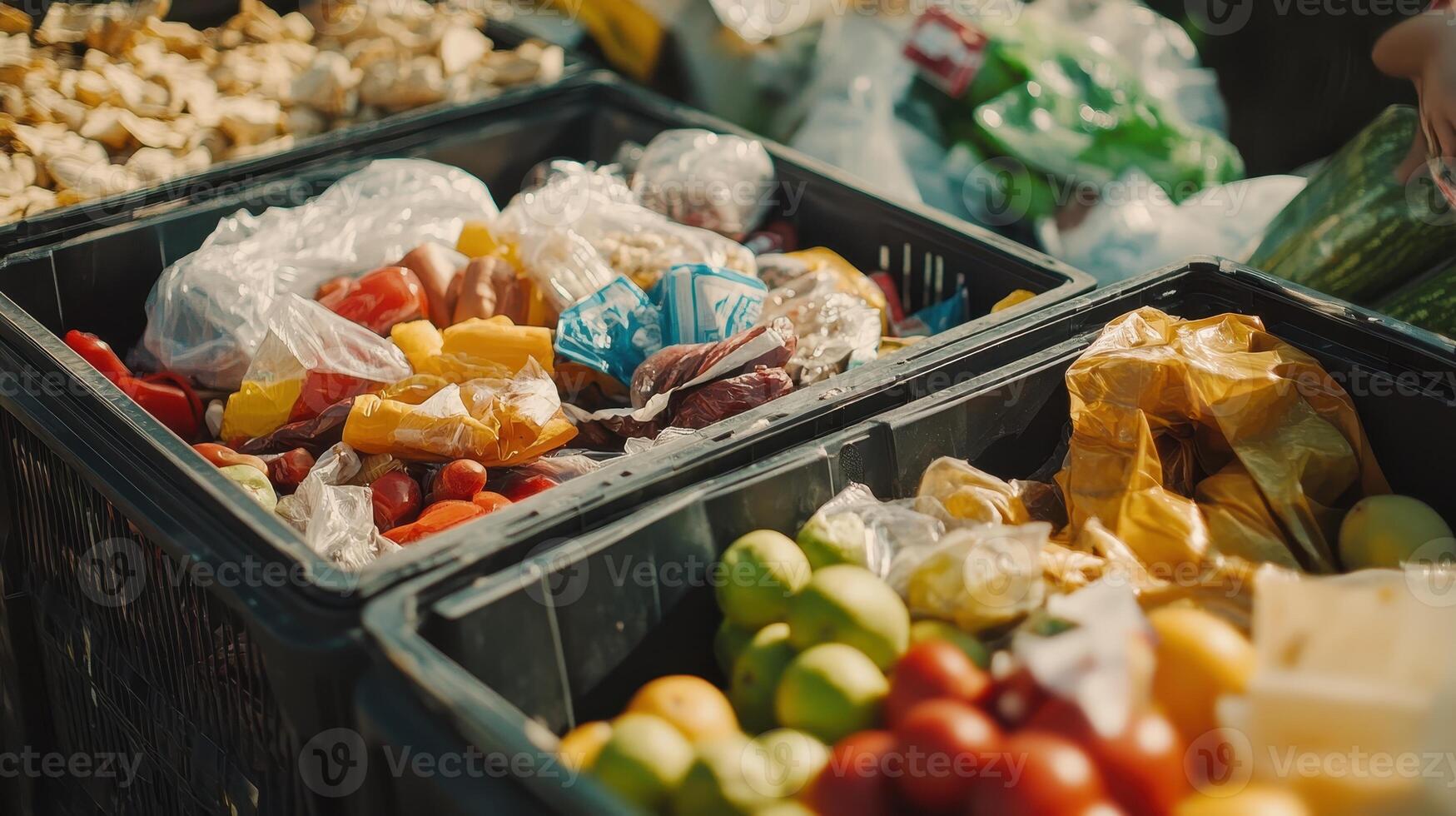 A variety of fresh produce displayed in crates, highlighting food waste and sustainability efforts. photo