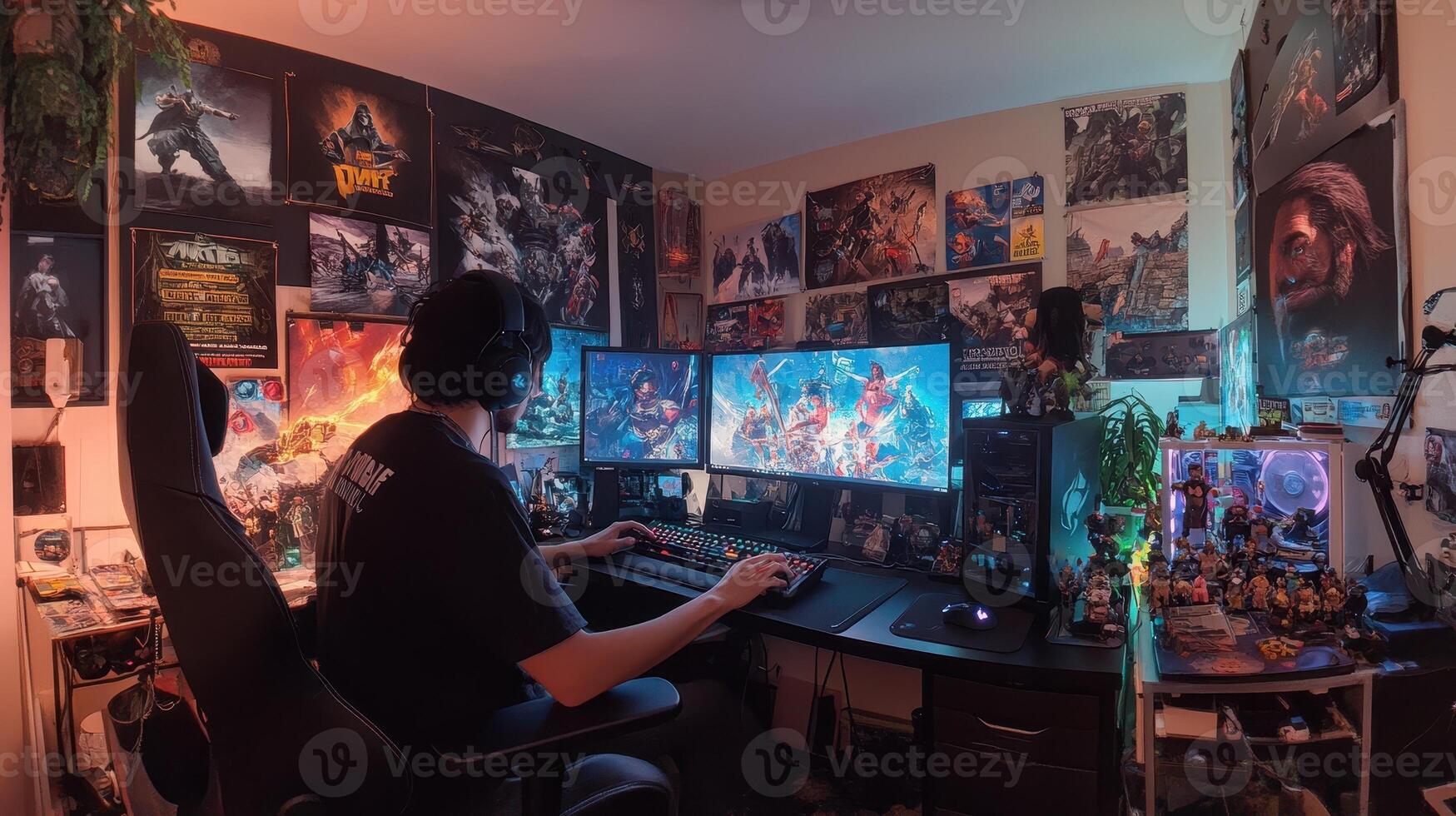 A gamer immersed in a vibrant setup with multiple screens and gaming memorabilia. photo