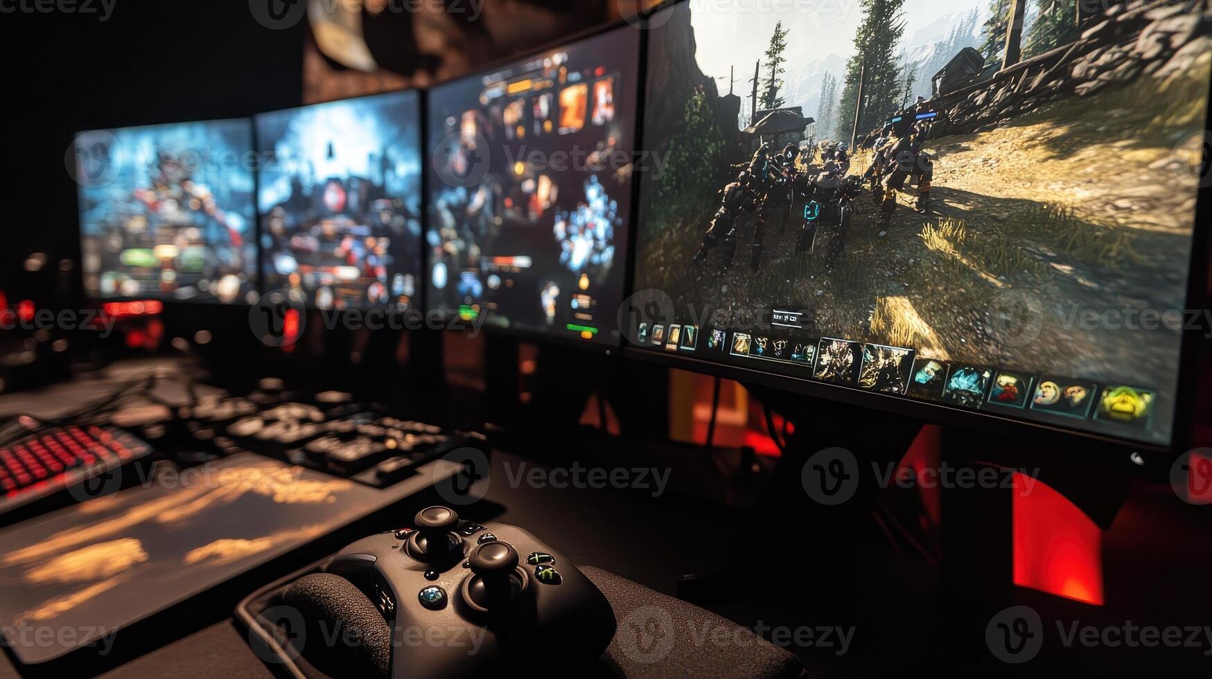 A gaming setup featuring multiple monitors displaying gameplay and a controller. photo