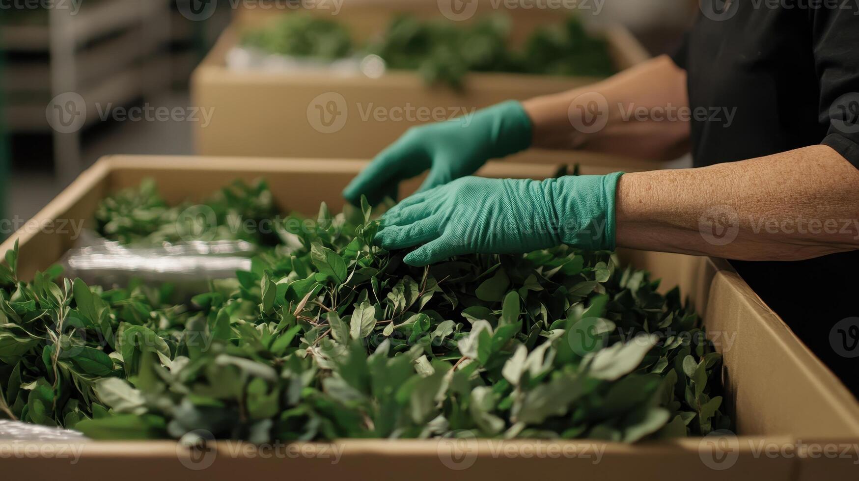 A person wearing gloves sorts fresh leaves in a large cardboard box for processing photo
