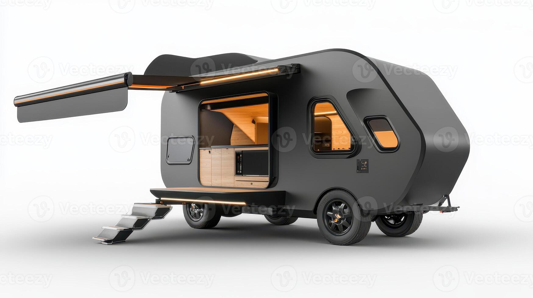 A modern, compact camper trailer with a sleek design and functional outdoor space. photo