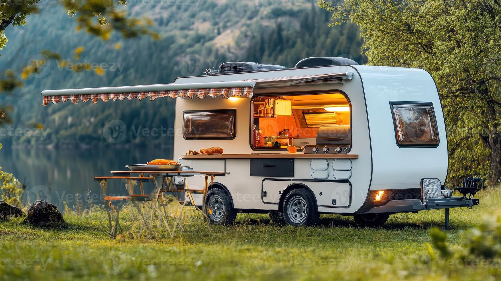 A cozy caravan with an awning, set in nature, ideal for camping and outdoor leisure. photo