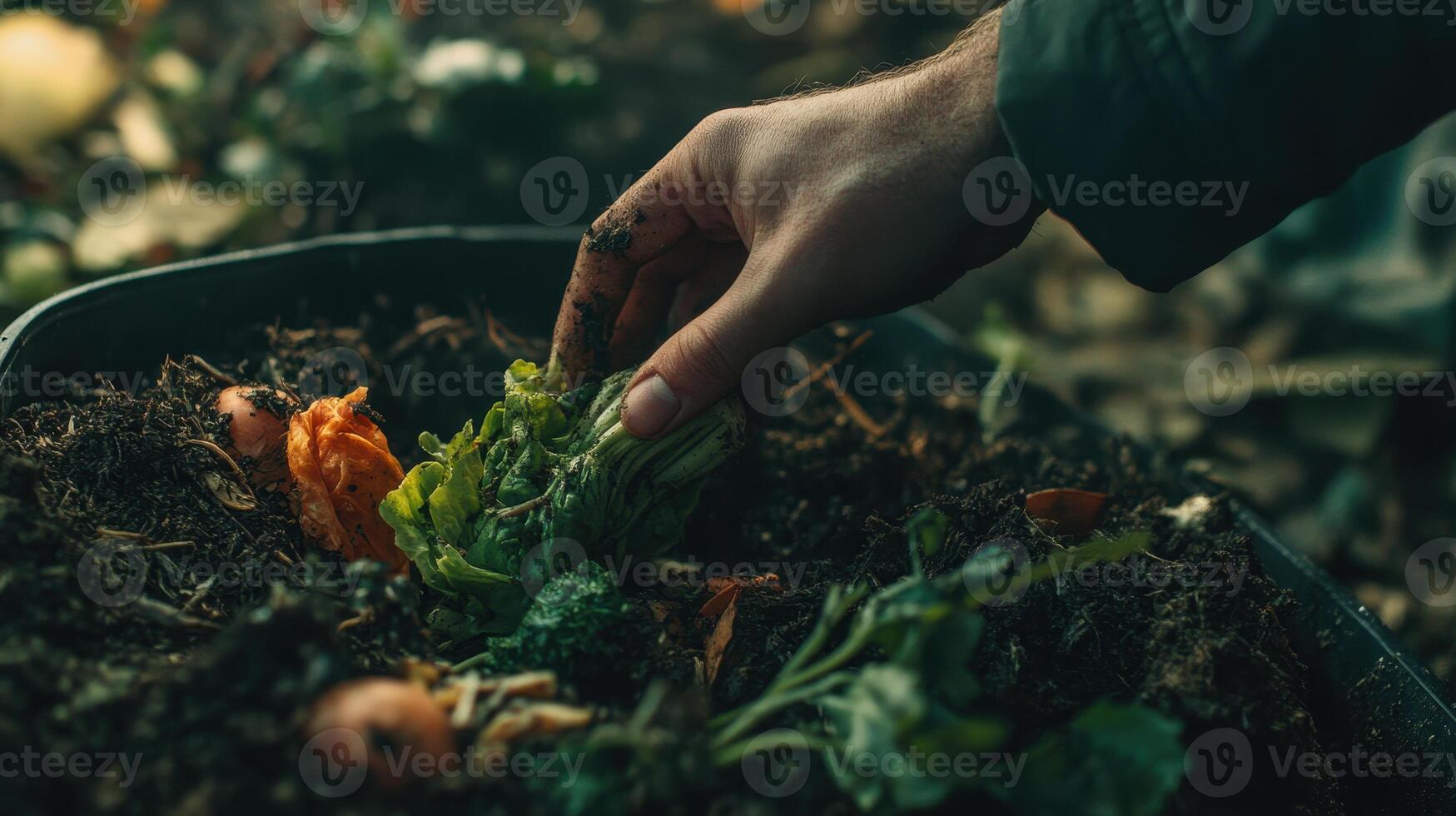 A hand adding food scraps to a compost bin, promoting sustainable waste management. photo