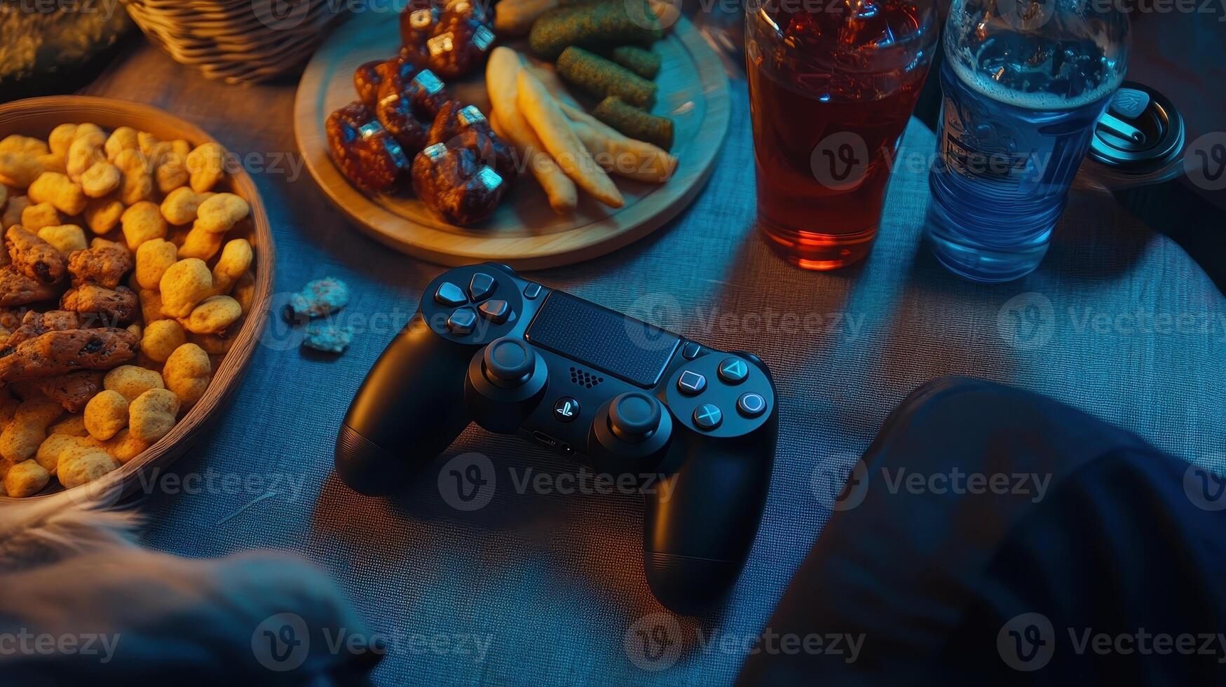 A gaming setup featuring snacks and drinks, with a controller at the center. photo