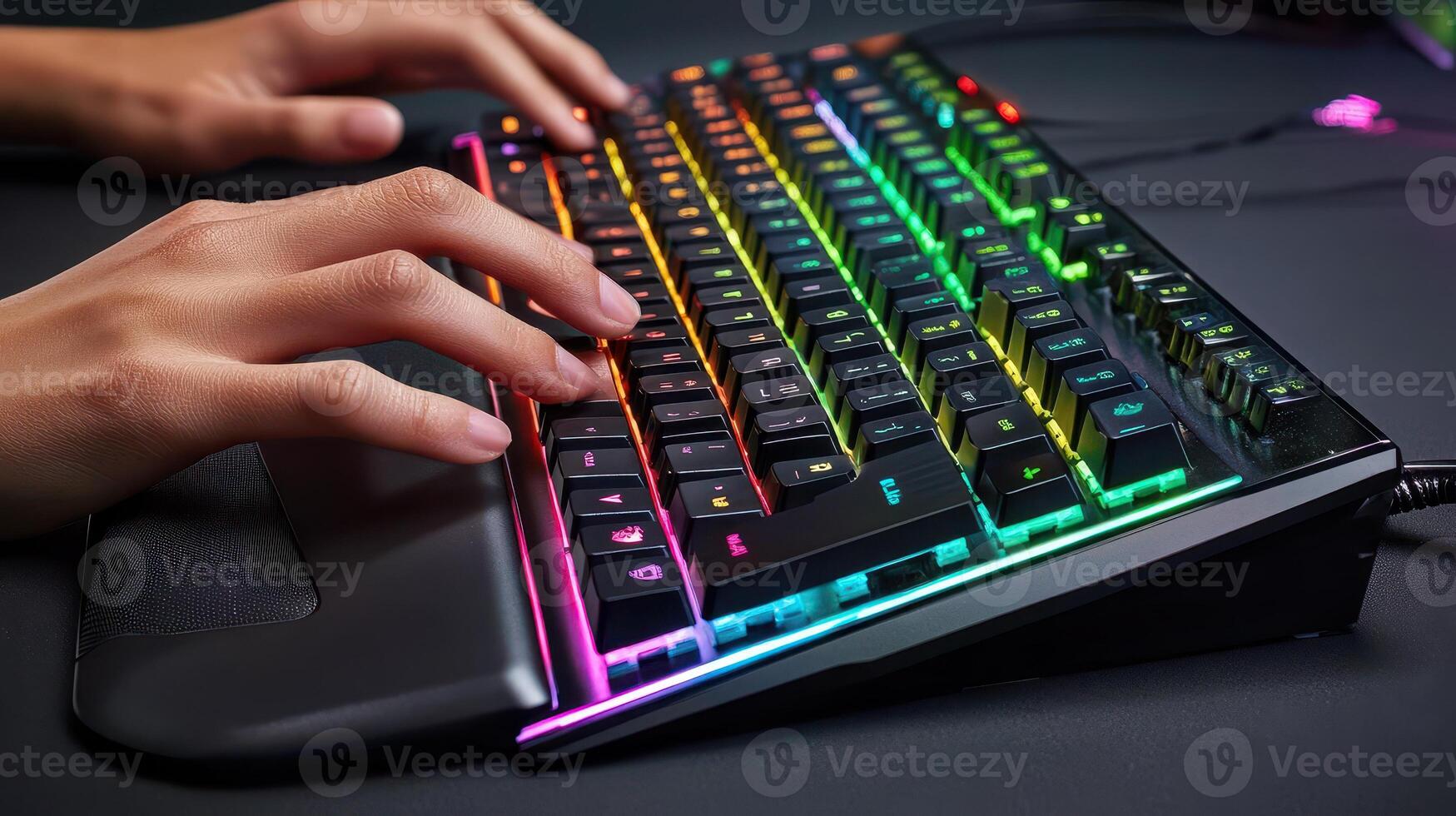 A close-up of a colorful gaming keyboard with hands typing, showcasing vibrant RGB lighting. photo