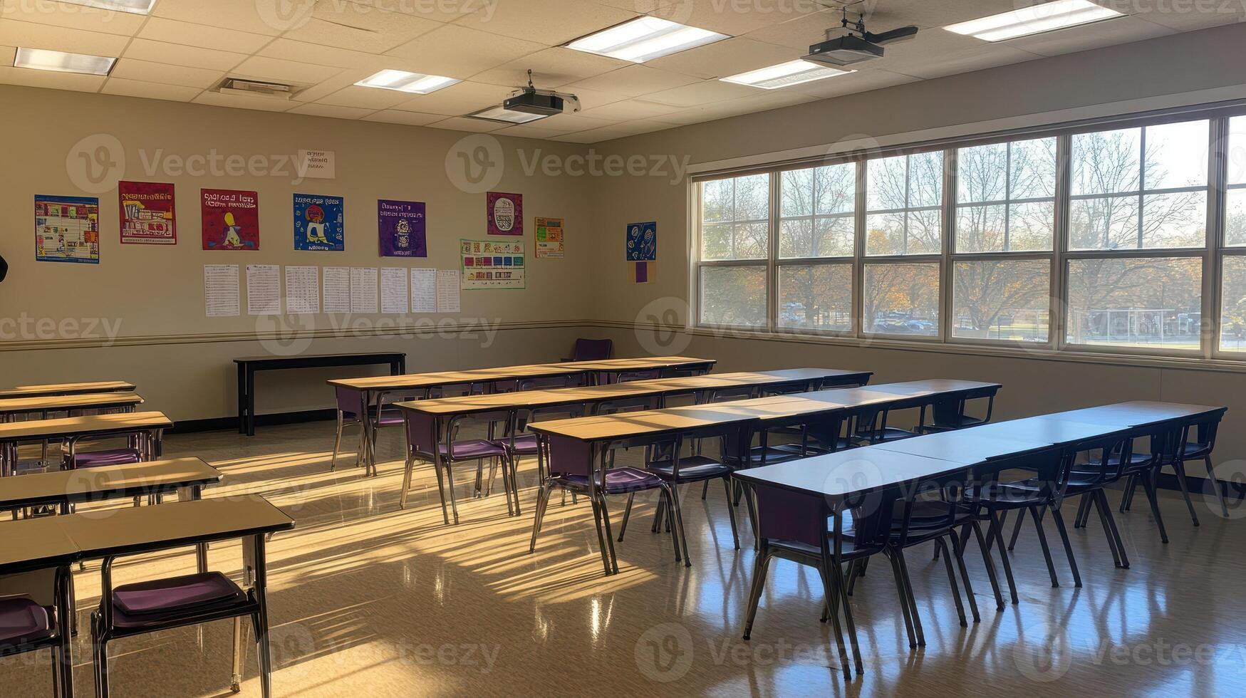 A bright classroom with desks arranged for learning and educational posters on the walls. photo