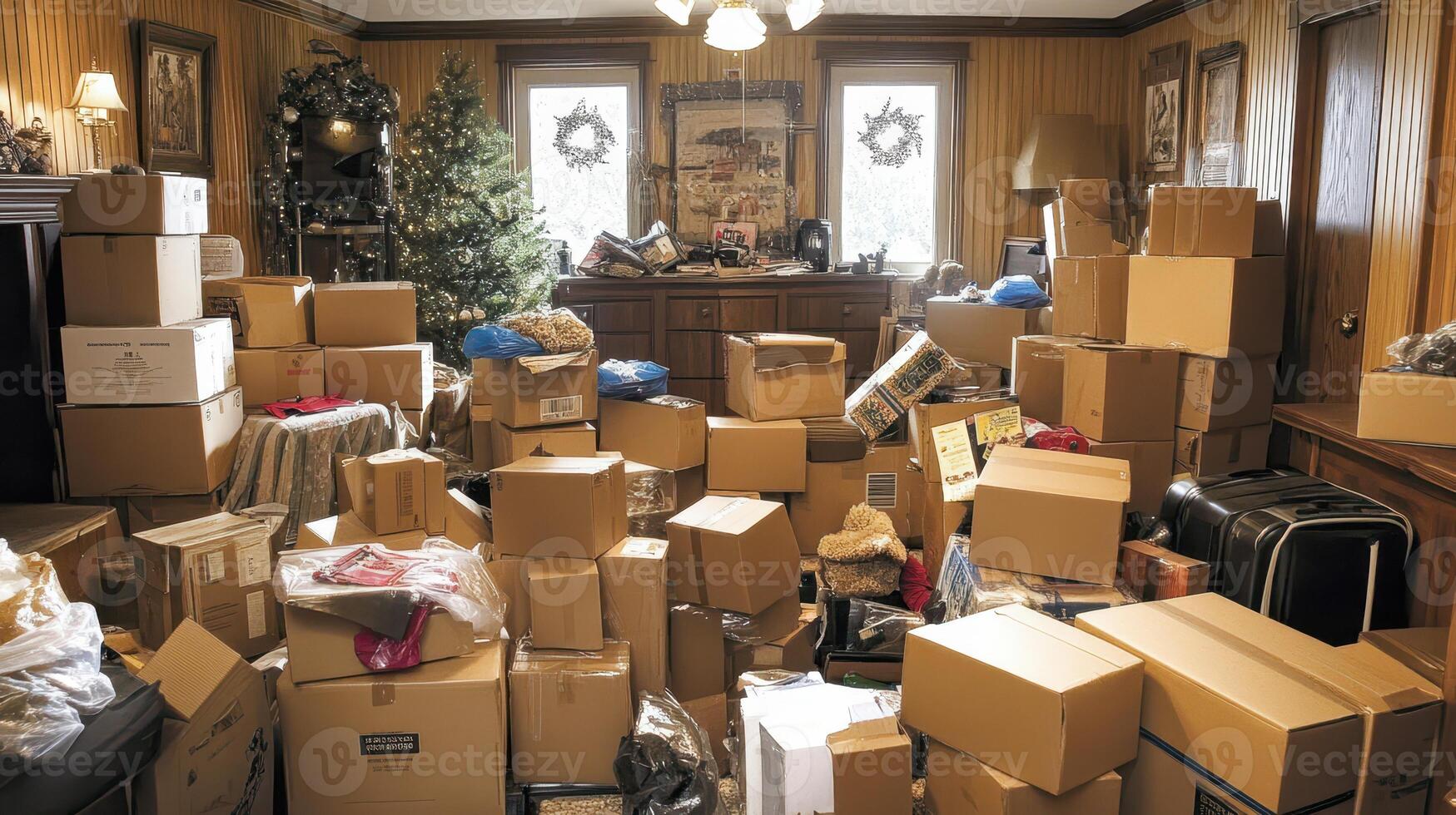 A cluttered room filled with boxes and items, suggesting disorganization or recent moving. photo