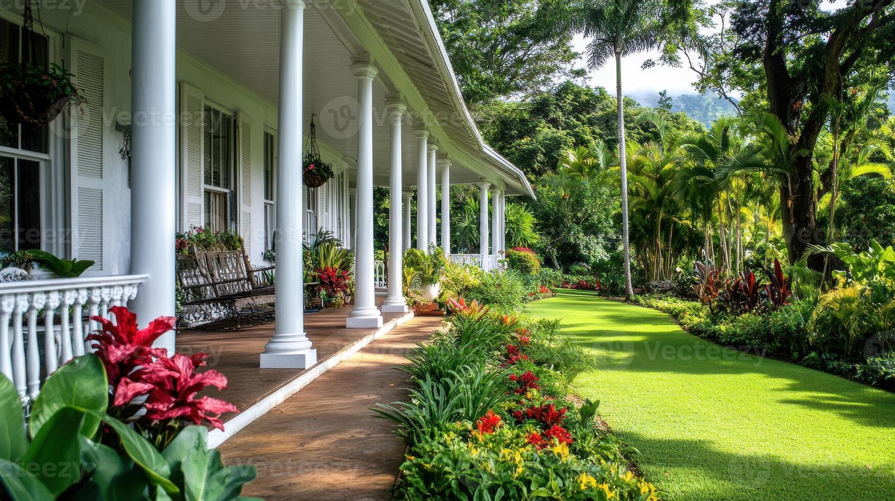 A serene porch with vibrant flowers and a lush lawn, inviting relaxation in nature. photo