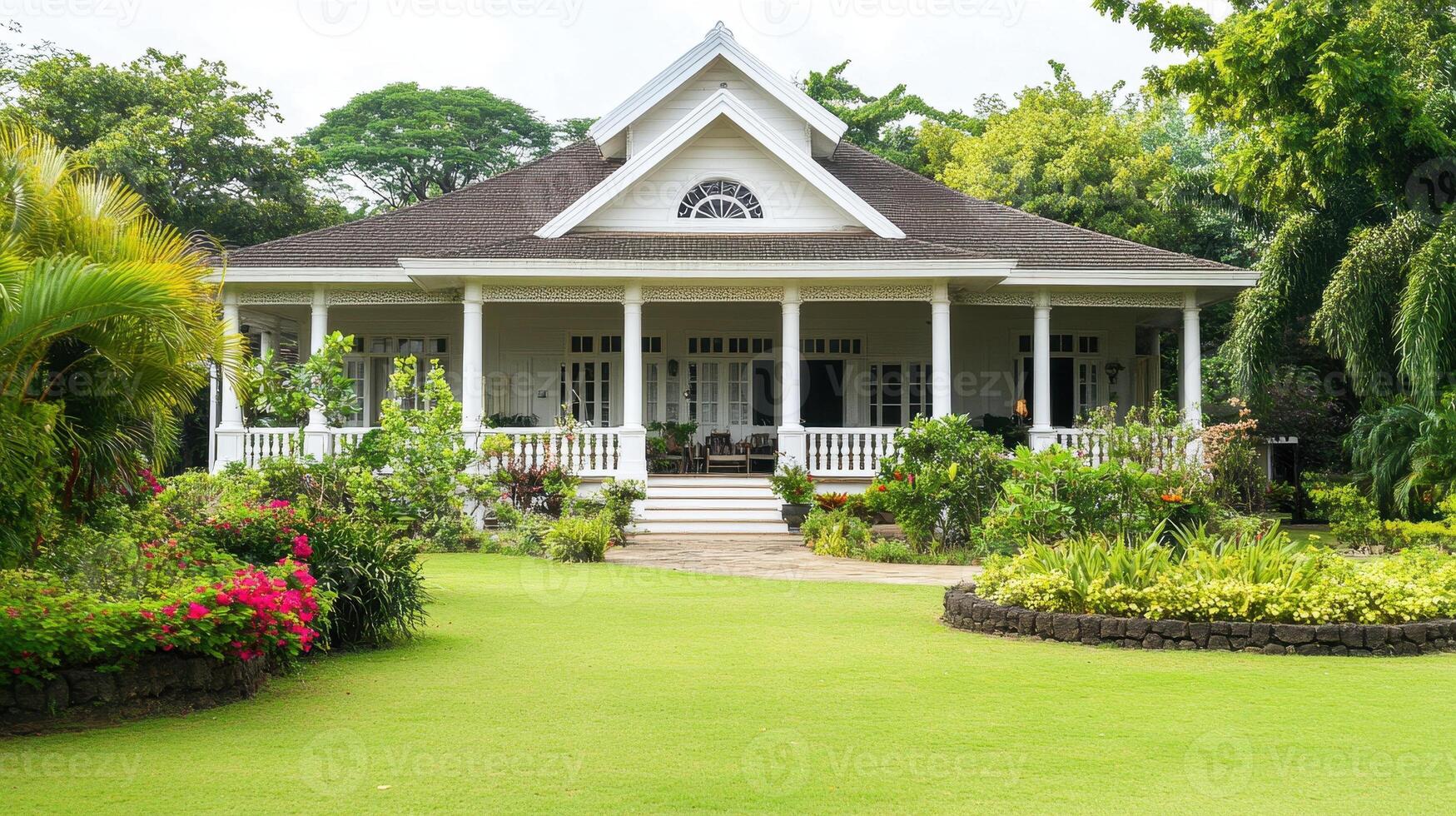 A charming white house with a lush garden and vibrant flowers, inviting relaxation and nature. photo