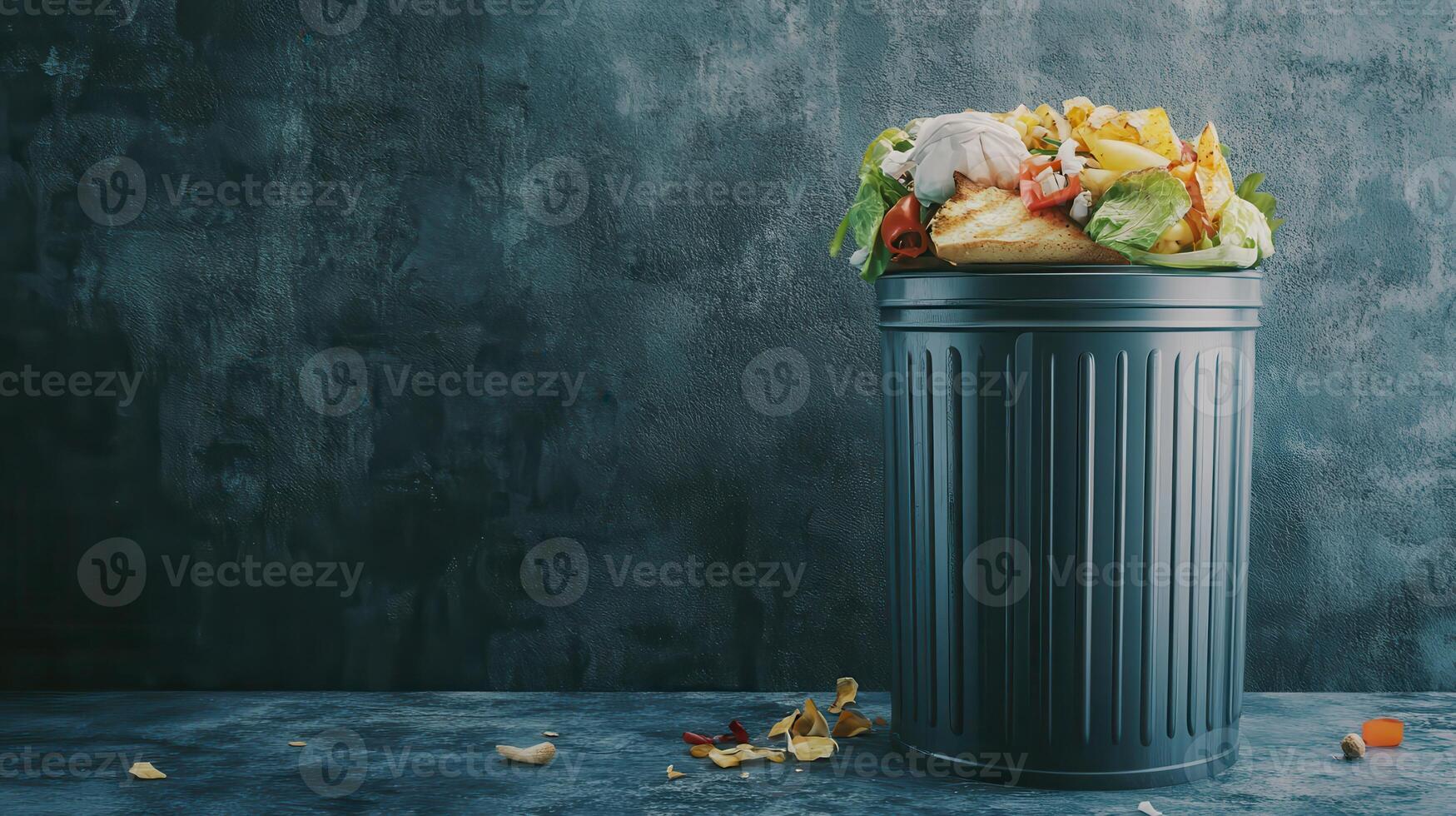 A full trash can overflowing with food waste against a textured background. photo