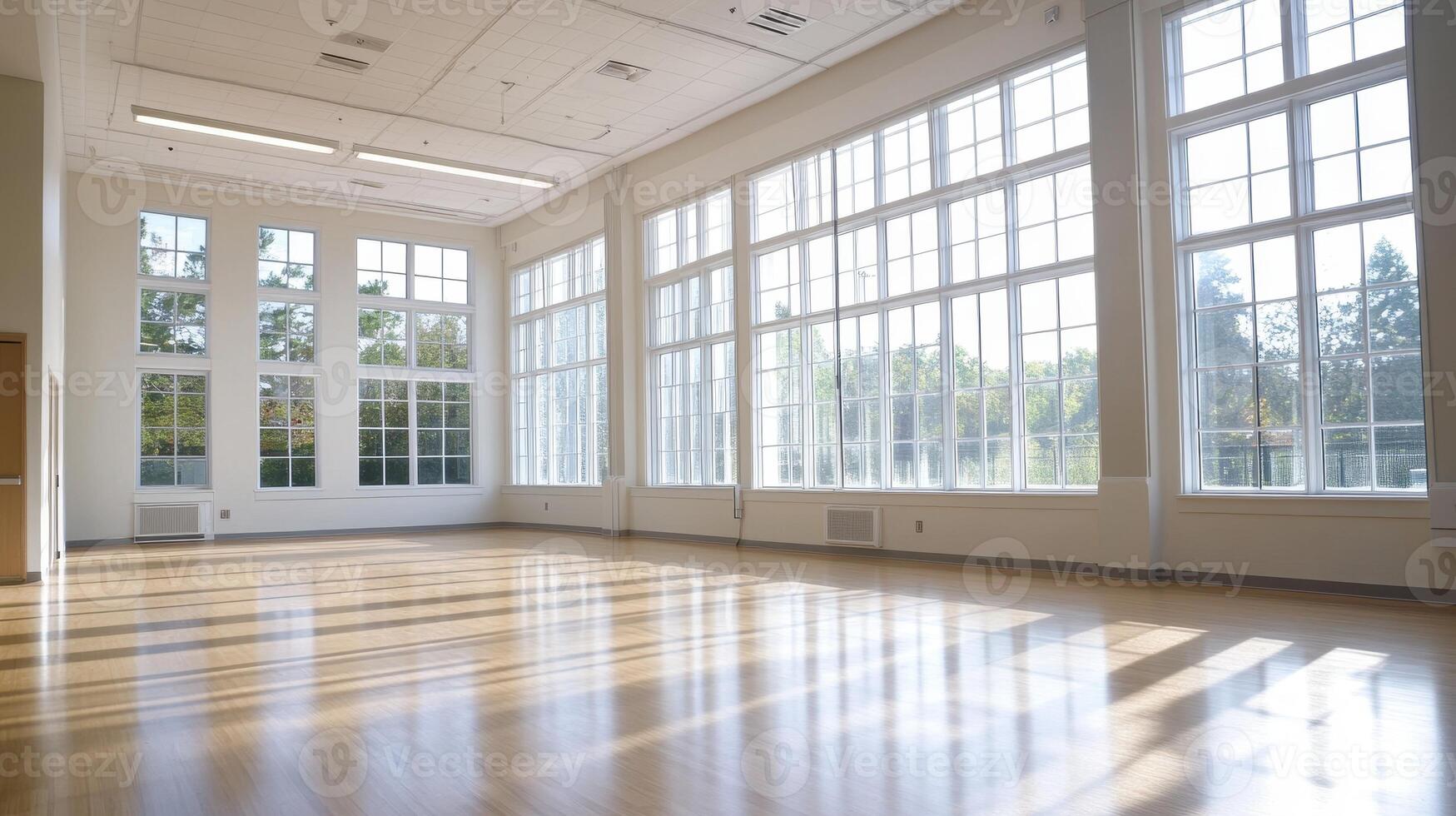 A spacious, well-lit room with large windows and wooden flooring, ideal for activities. photo