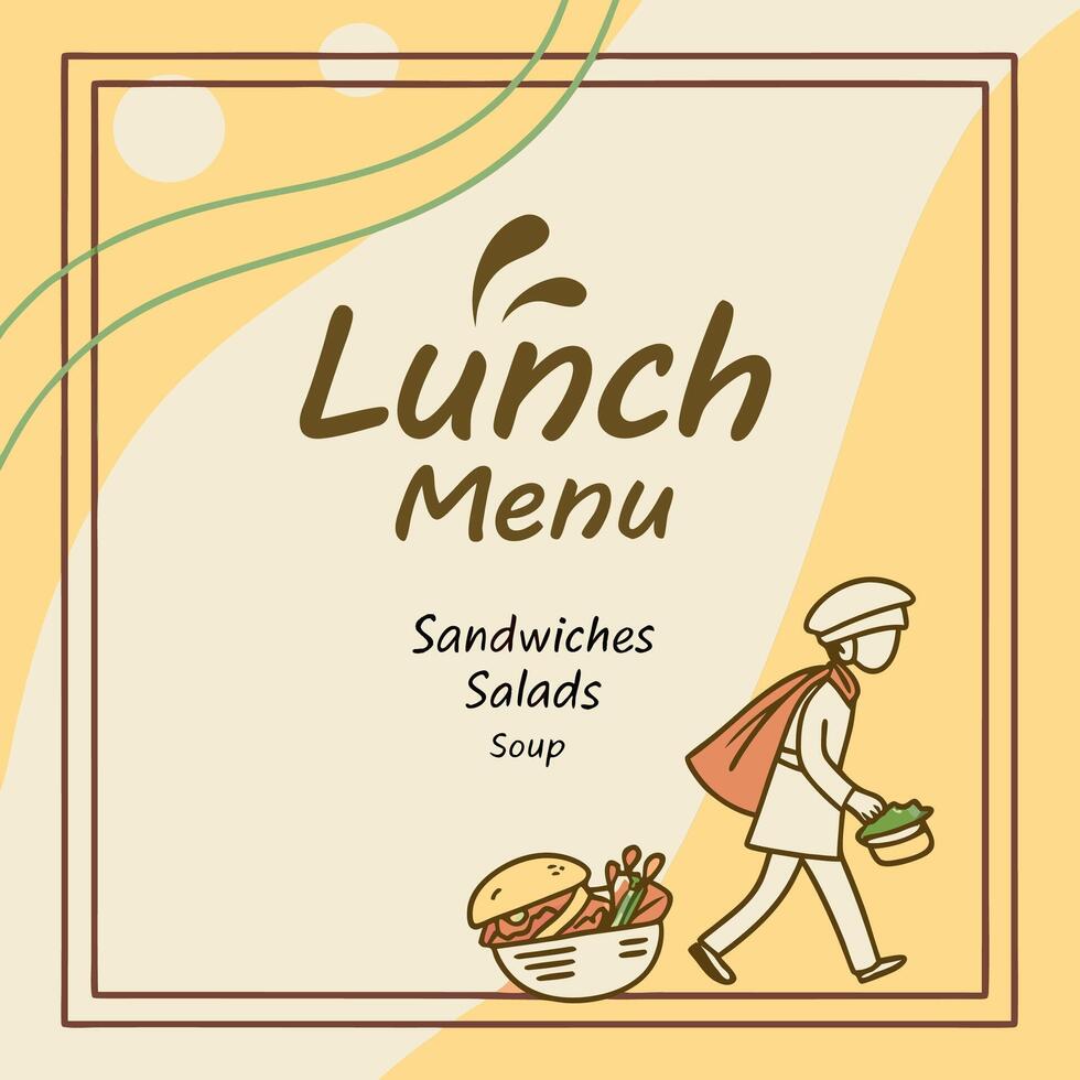 lunch menu with a man walking with a bag of sandwiches vector