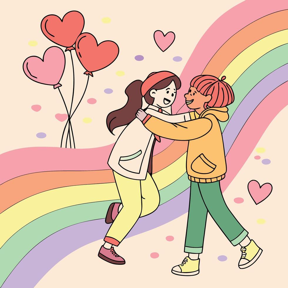 two people are hugging and holding balloons in front of a rainbow vector