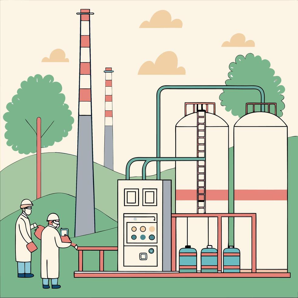 an illustration of a factory with people working vector