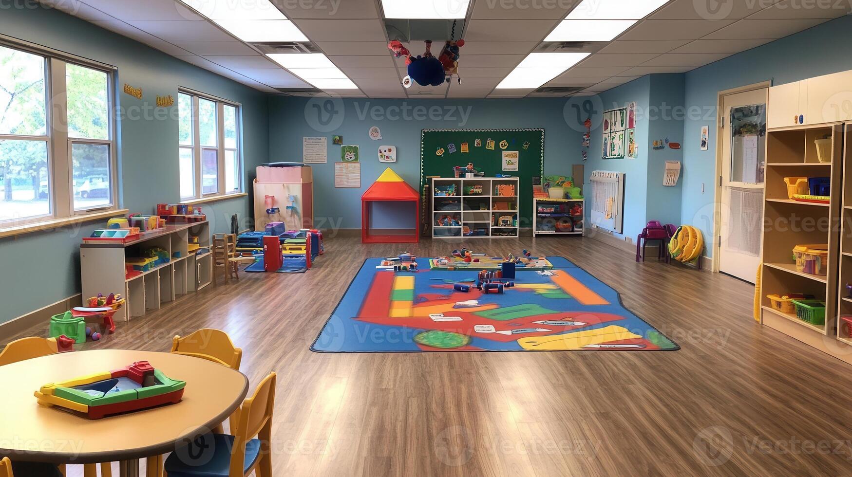 A bright and colorful preschool classroom filled with toys and learning resources photo