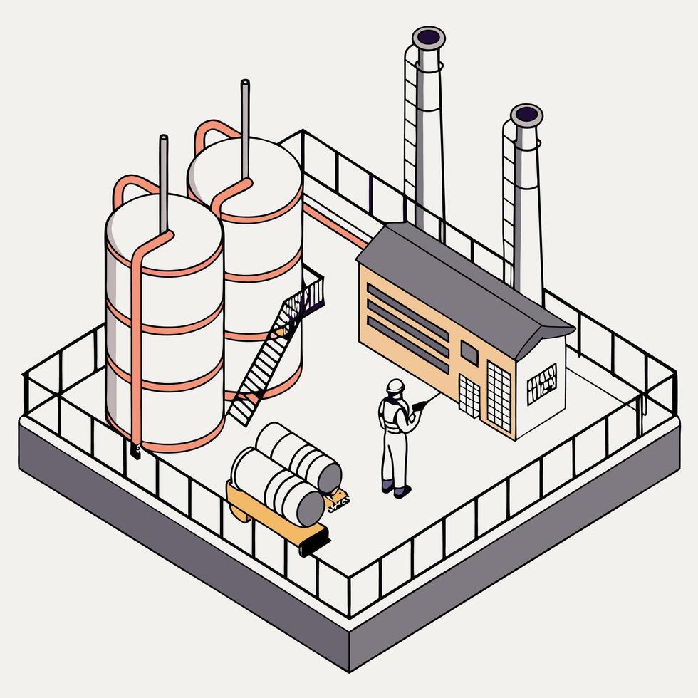 an illustration of a factory with a man standing next to a tank vector