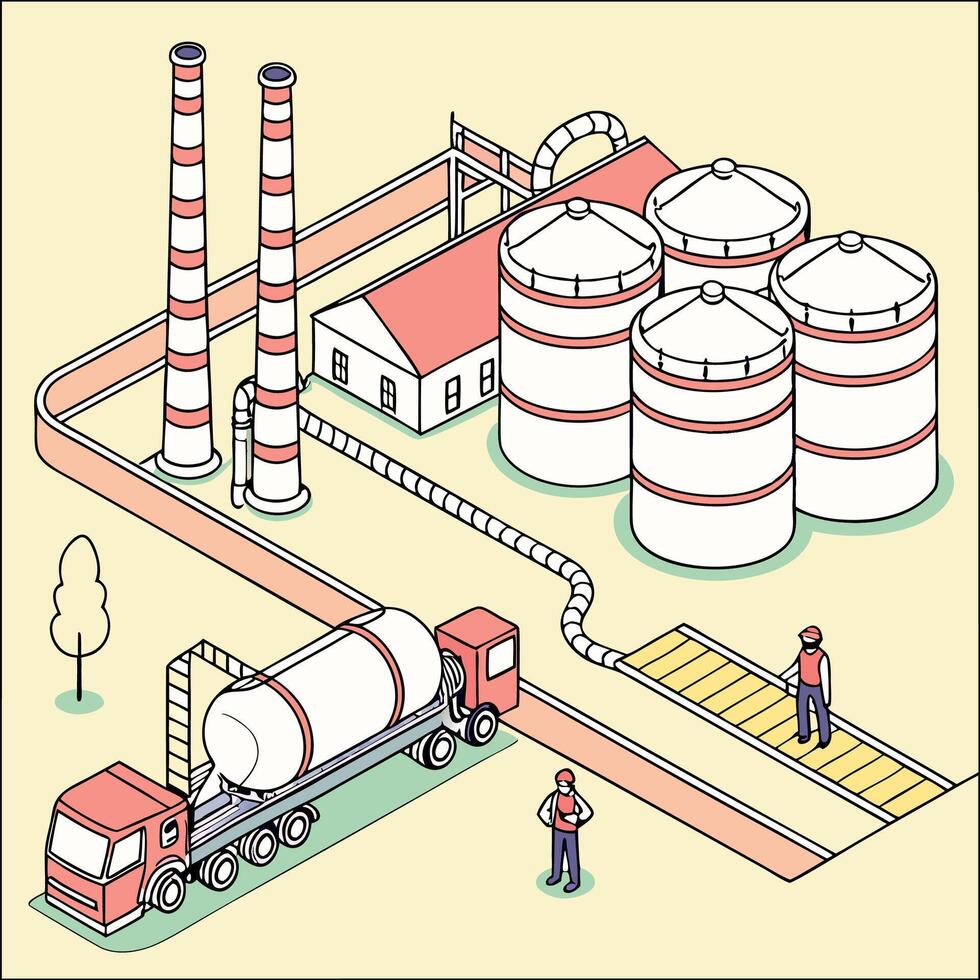 an illustration of a factory with a truck and tanks vector