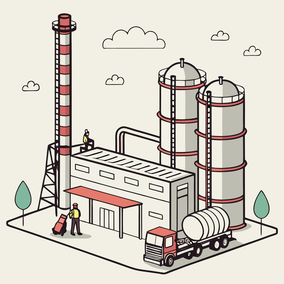 an illustration of a factory with a truck and a man vector