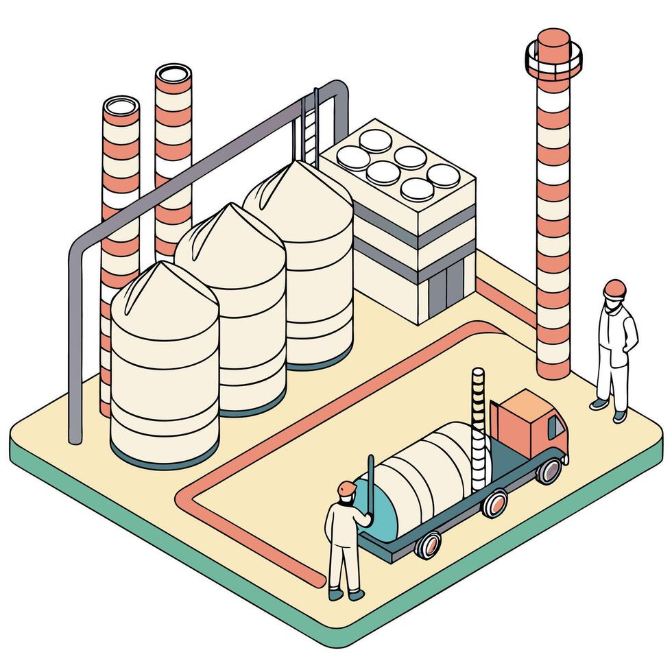 an illustration of a factory with workers and tanks vector