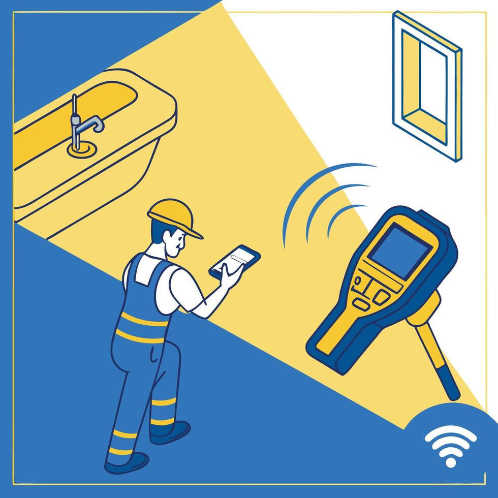 a man is using a wifi device to check the temperature of a bathroom vector