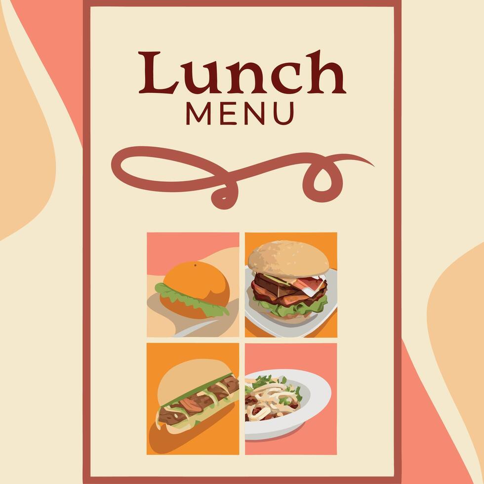 lunch menu design with hamburger, salad and other food vector