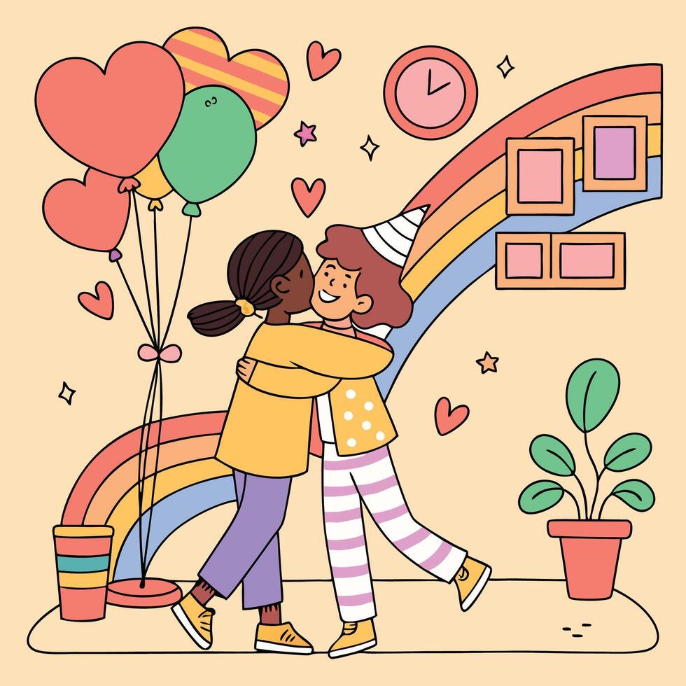 two girls hugging and holding balloons vector