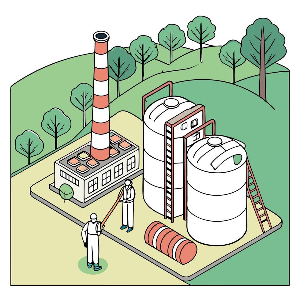 an illustration of a factory with people working in it vector