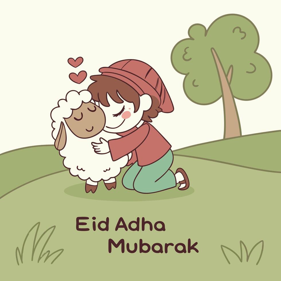 Eid Adha Mubarak A Cute Boy and a Loving Sheep Cartoon Illustration vector