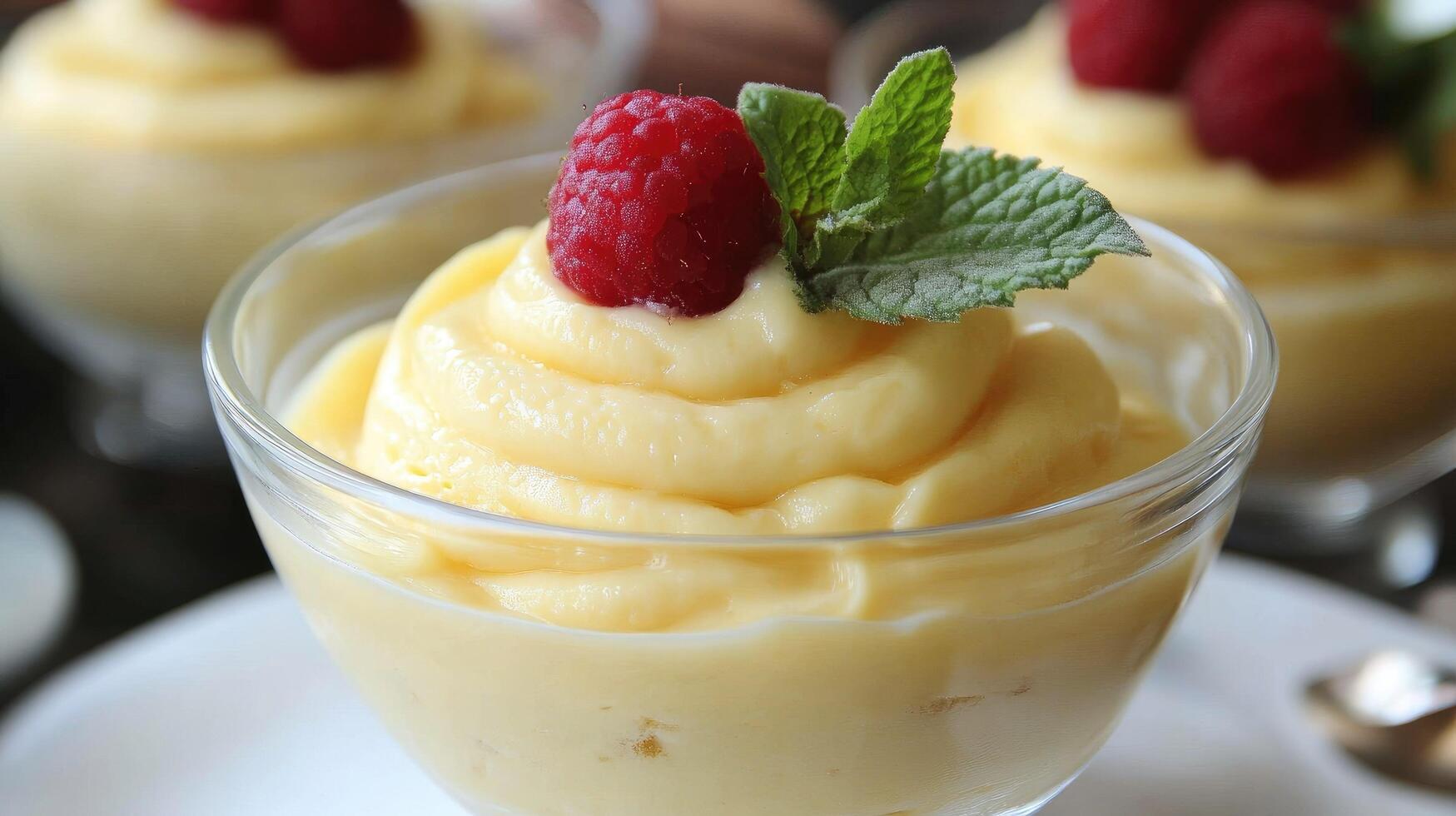 A dessert with raspberries and mint leaves photo
