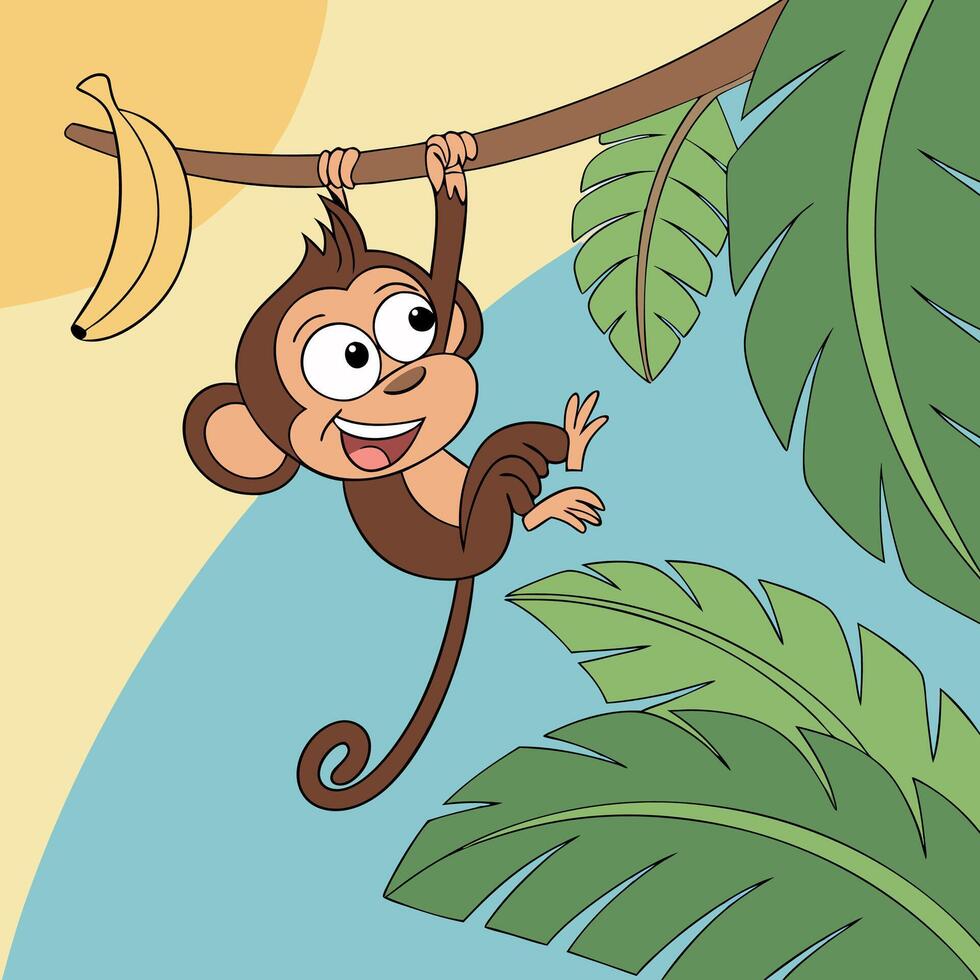a cartoon monkey hanging from a tree branch with a banana vector