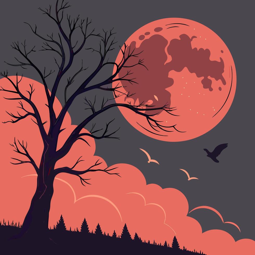 a full moon and a tree in the background vector