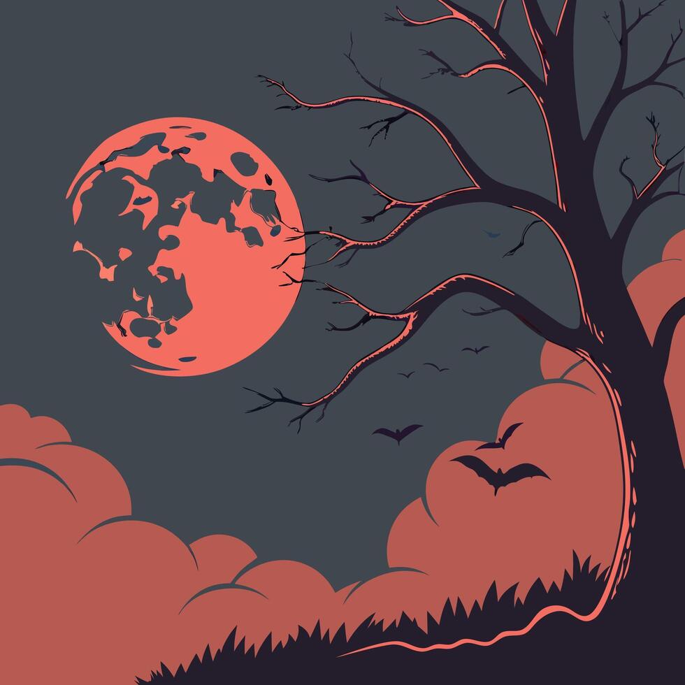 a full moon and bats in the sky over a tree vector