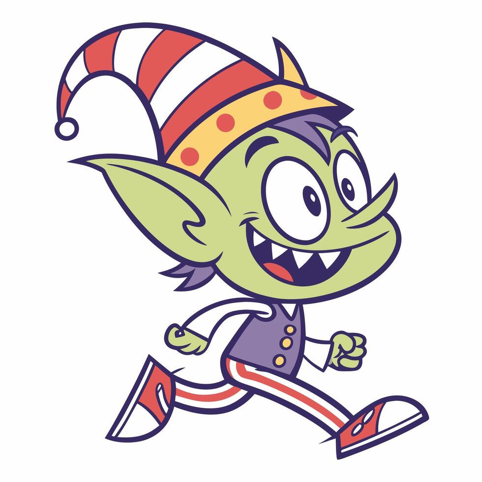 a cartoon elf running with a hat on vector