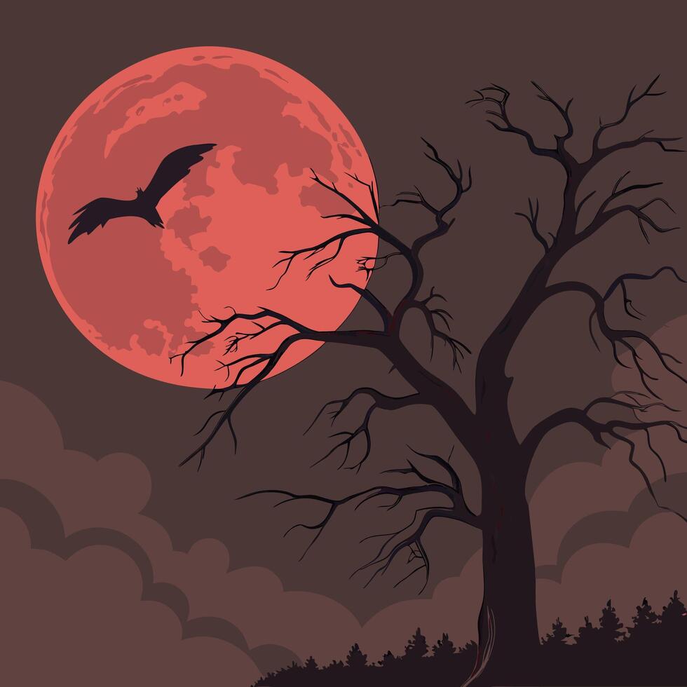 a halloween background with a tree and bat vector