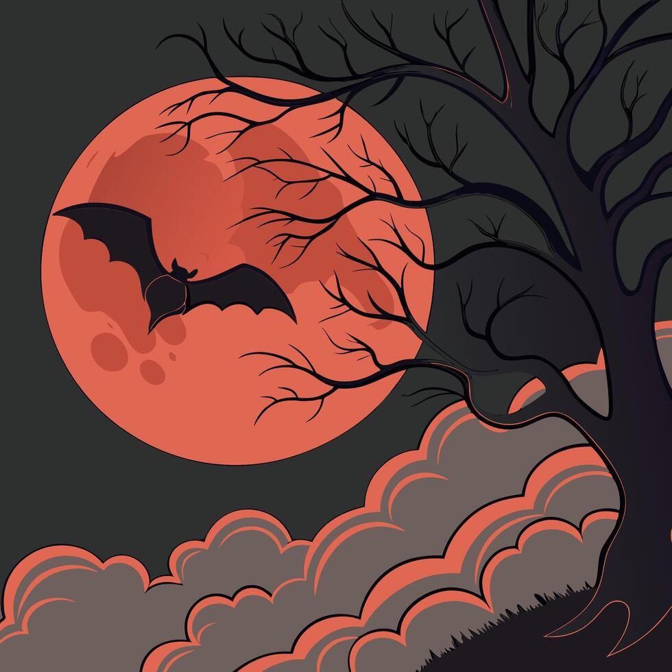 a bat flies over a tree and moon in the background vector