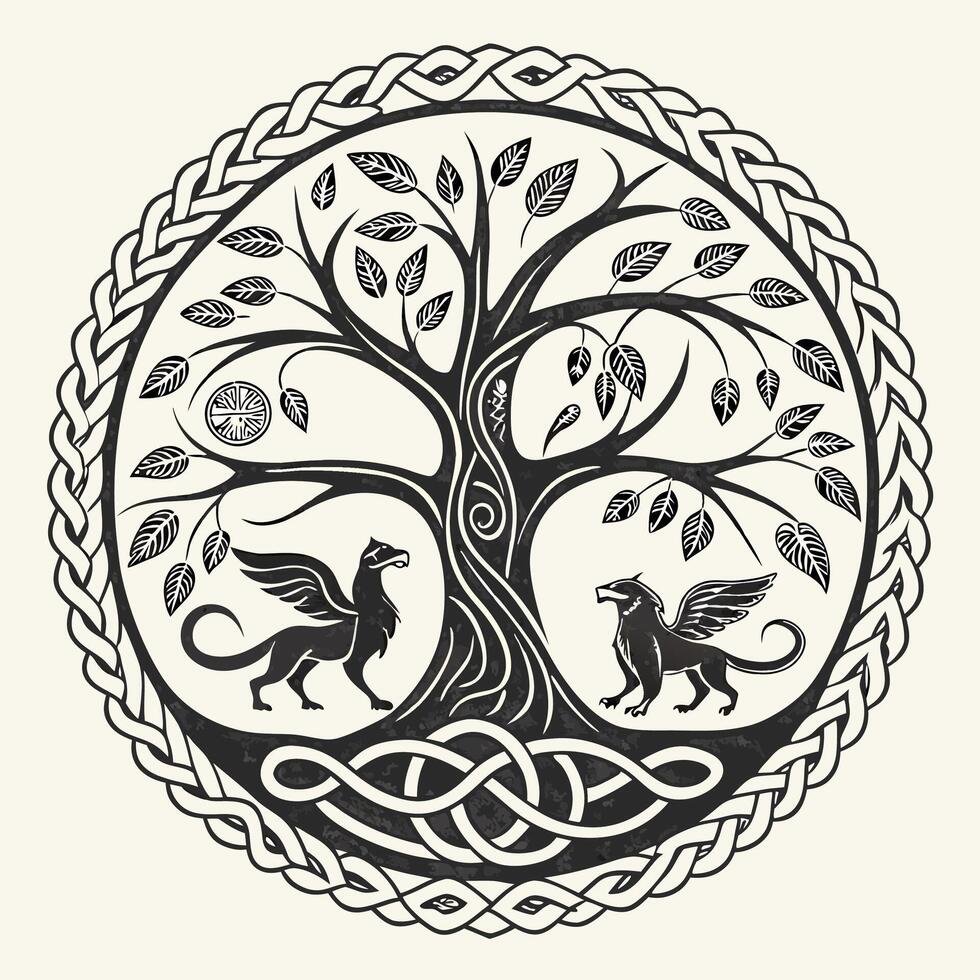 a celtic tree of life with two lions and a dragon vector