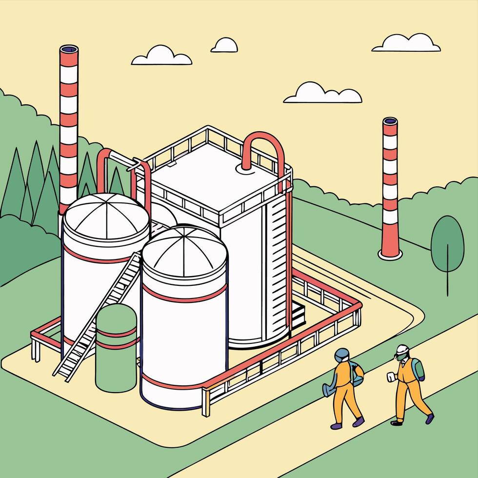 a cartoon illustration of a factory with people walking by vector