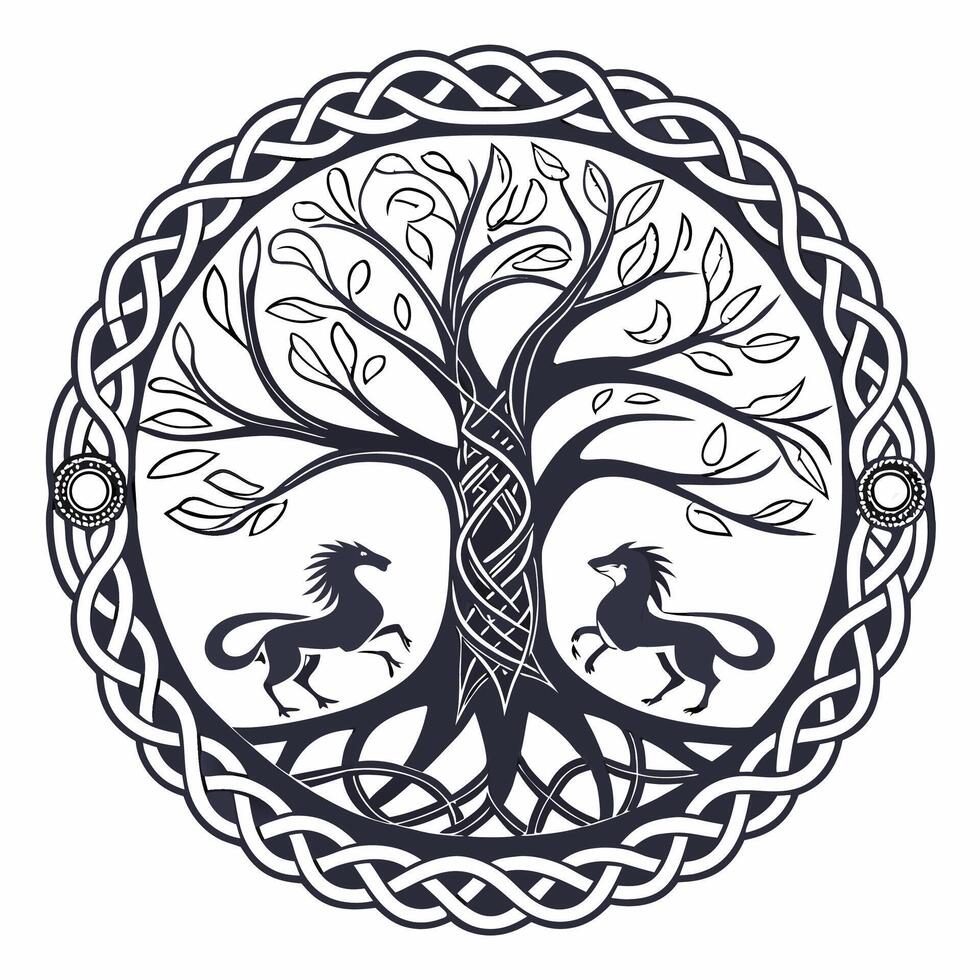 a celtic tree with two horses in the middle vector