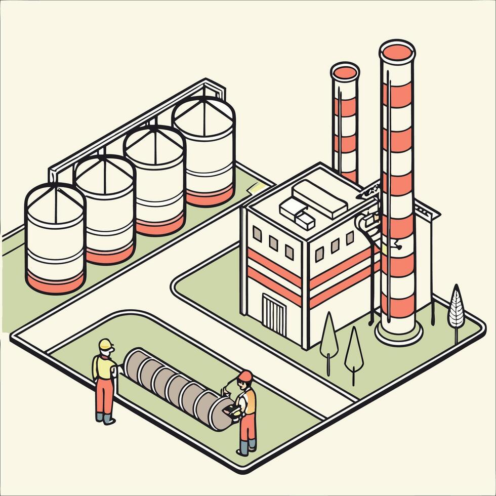 an illustration of a factory with workers and machinery vector