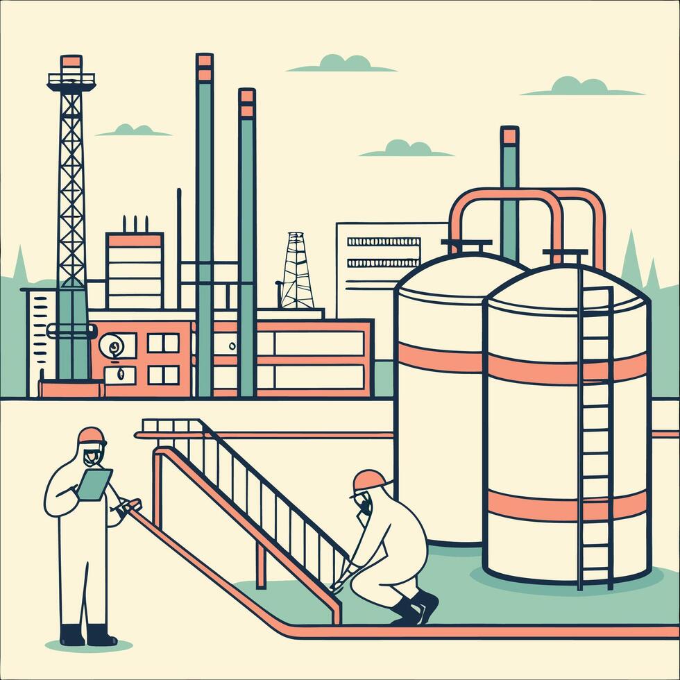 two men in protective gear are working on a chemical plant vector