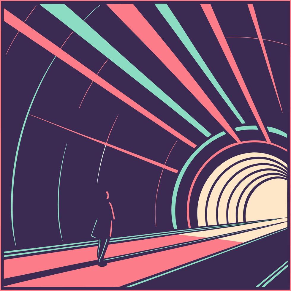 a man walking through a tunnel with neon lights vector
