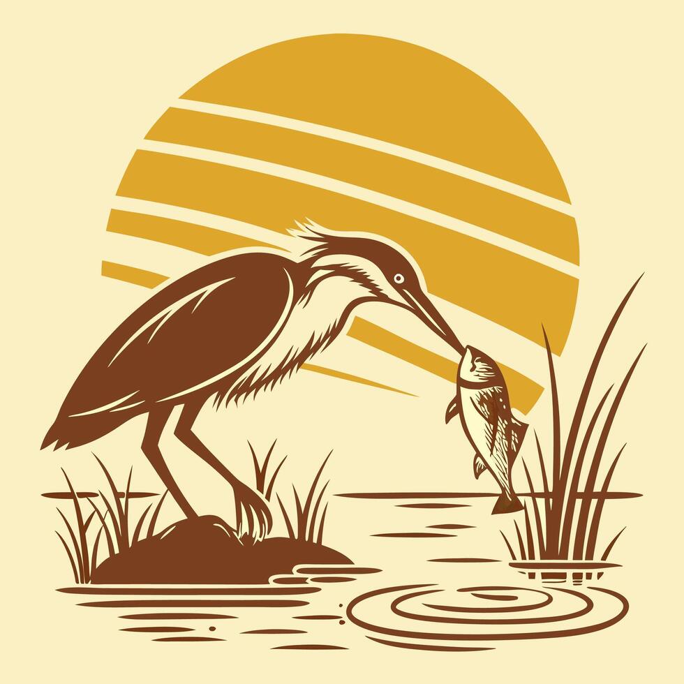 heron with fish in its mouth, on a lake with grass and sun vector